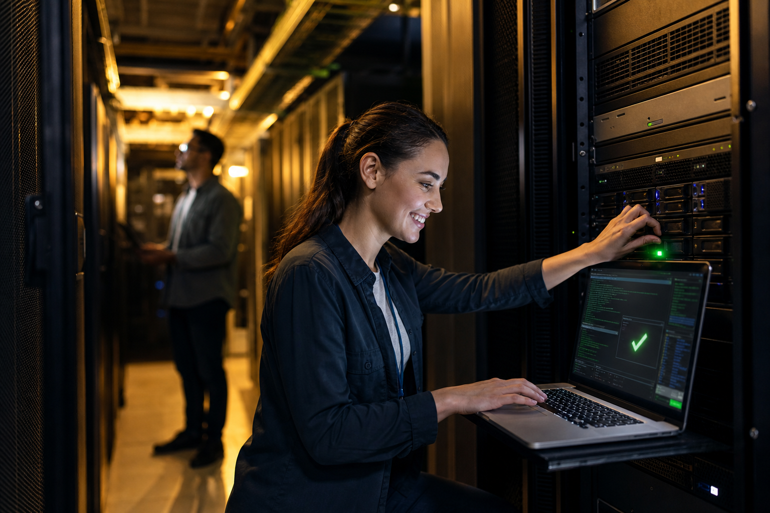 Technical expert analyzing a problem on a server with network cables.